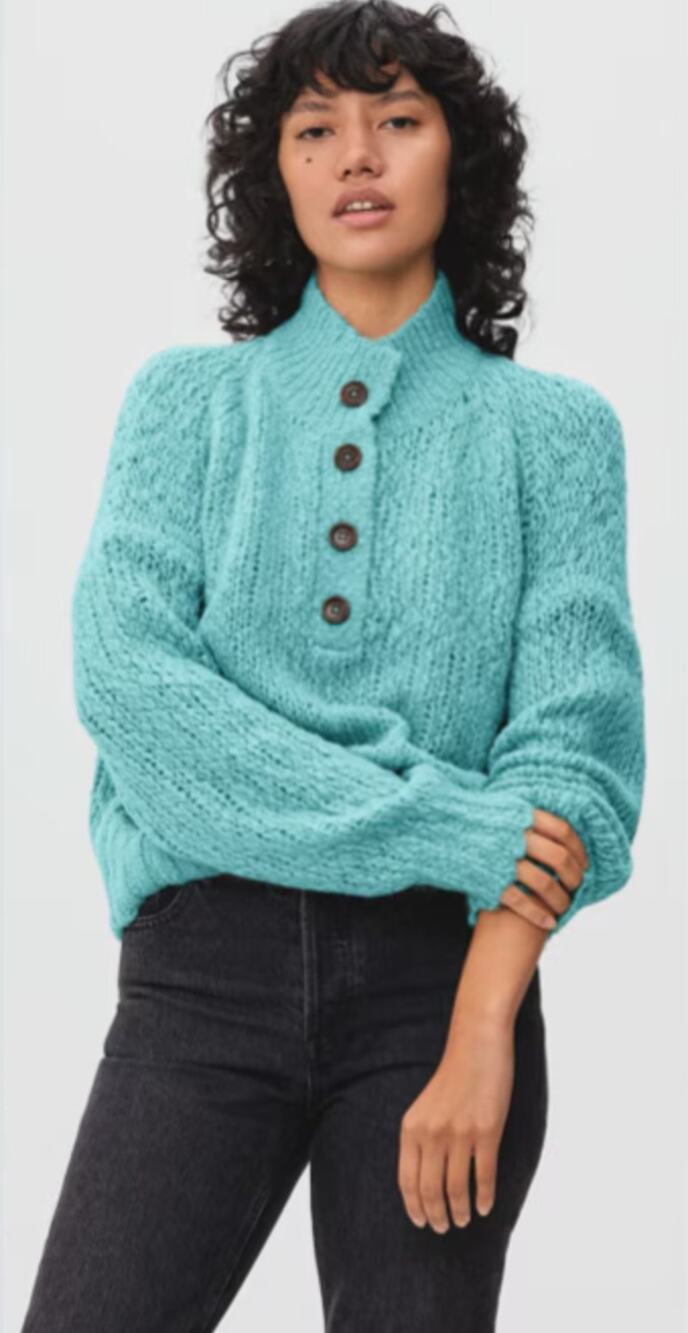 EVERLANE Lofty Knit Henley Sweater in Aqua Green Size M